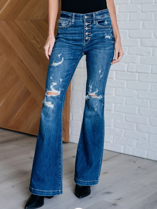 Judy Blue Denim - Judy Blue Trouser Flare Distressed Button Fly Stretch Jeans Size 5/27